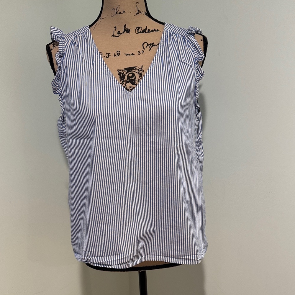 J. Crew Striped V-Neck Ruffle Sleeve Women's Top - Blue/White size medium